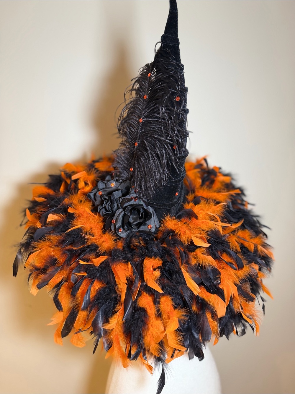 Black & Orange Feathered Witch Hat with Decorative Trim